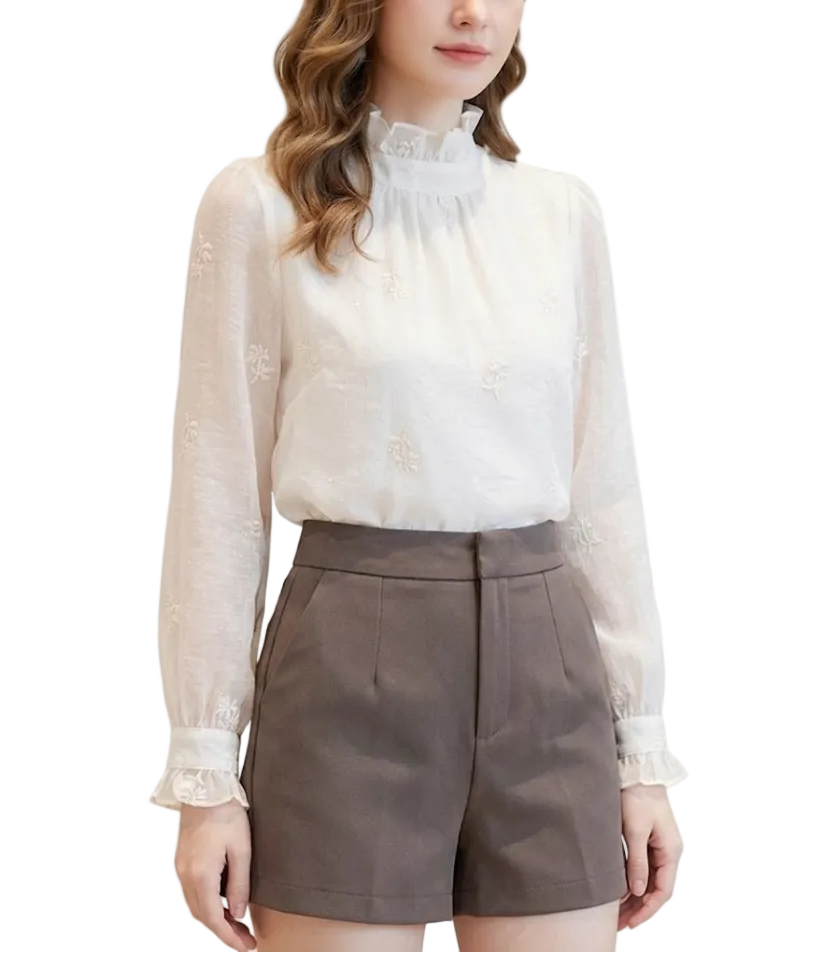 Trendy & Timeless Chiffon Stand Collar Long Sleeve Elegant  Pleated Pullover Blouse  - B13-TOP-04