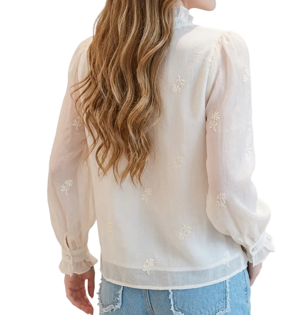 Trendy & Timeless Chiffon Stand Collar Long Sleeve Elegant  Pleated Pullover Blouse  - B13-TOP-04