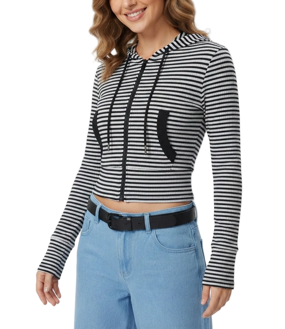 Trendy & Timeless Hooded  Stripped Front Pocket Ribbed Comfy Fit Jackets for Women - BP-B20 -JKT-09