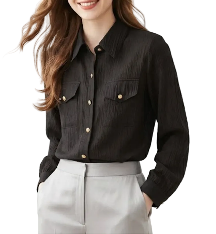 Trendy & Timeless Long Sleeve Collar Chest Pocket Dress Shirts for Women - B15-TOP-55