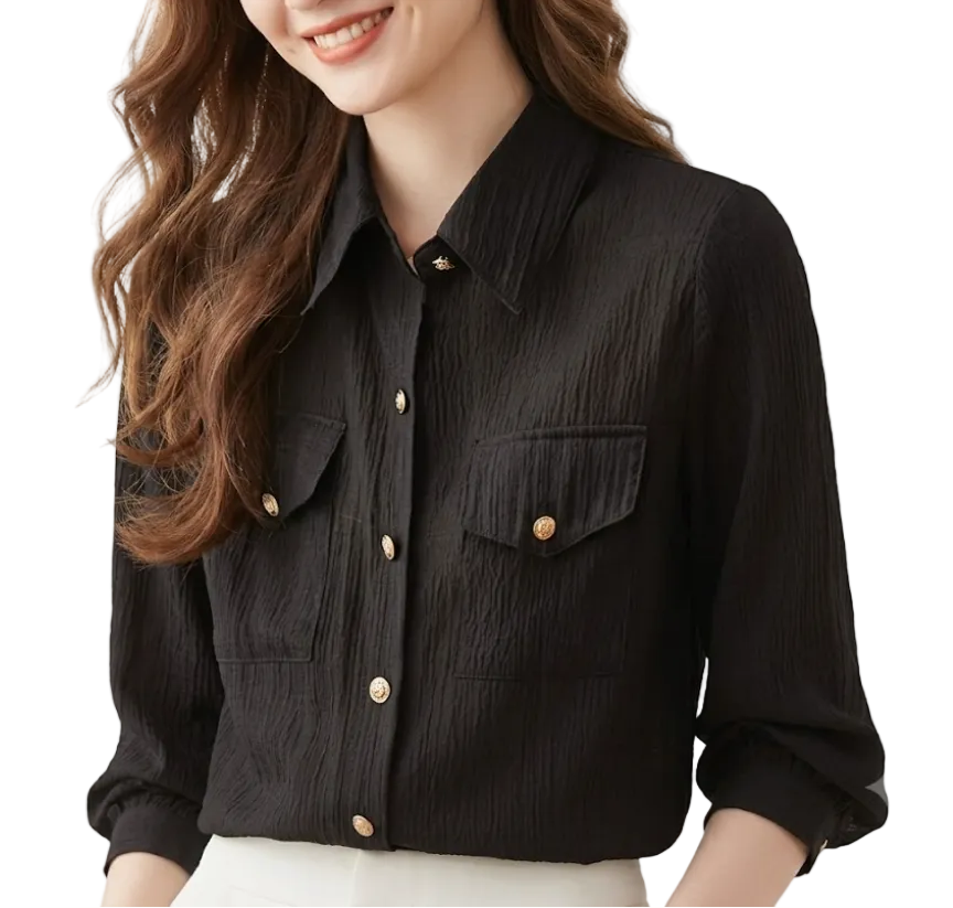 Trendy & Timeless Long Sleeve Collar Chest Pocket Dress Shirts for Women - B15-TOP-55