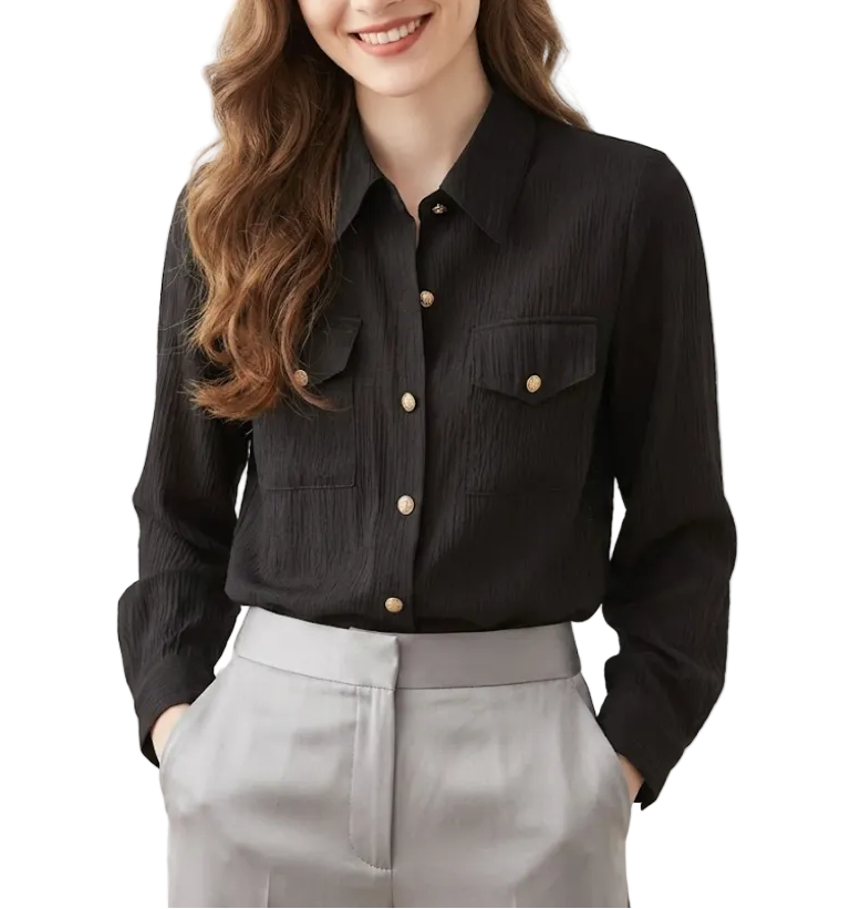 Trendy & Timeless Long Sleeve Collar Chest Pocket Dress Shirts for Women - B15-TOP-55
