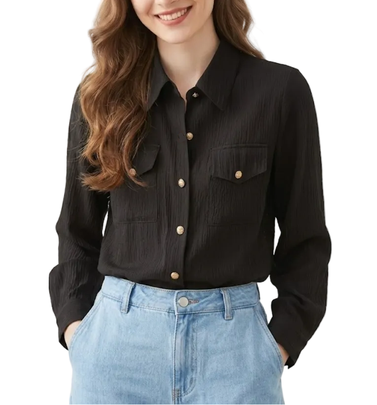 Trendy & Timeless Long Sleeve Collar Chest Pocket Dress Shirts for Women - B15-TOP-55