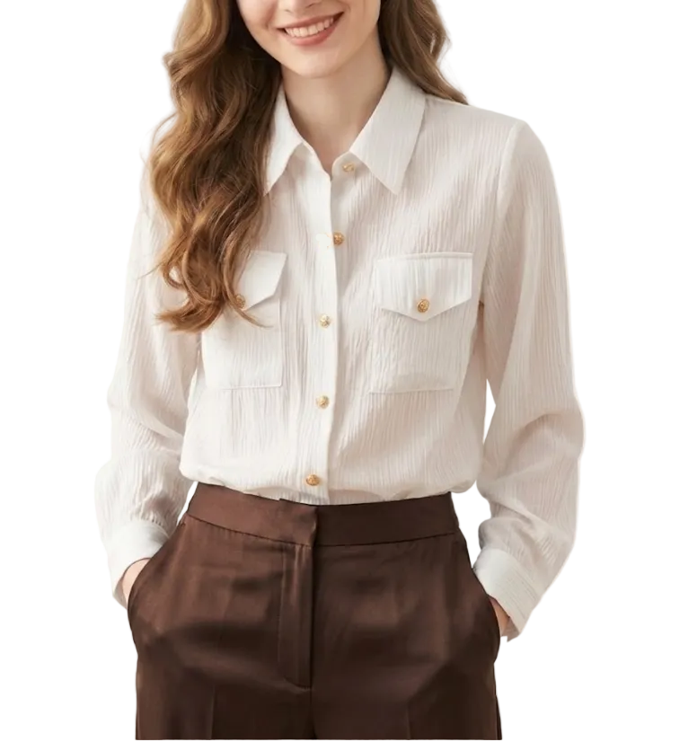 Trendy & Timeless Long Sleeve Collar Chest Pocket Dress Shirts for Women - B15-TOP-55
