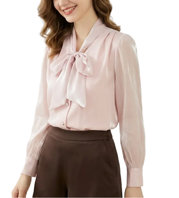 Trendy & Timeless Long Sleeve Elegant  Bow Neck Pleated Shoulders Dress Shirt for Women  - B13-TOP-09