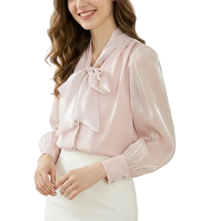 Trendy & Timeless Long Sleeve Elegant  Bow Neck Pleated Shoulders Dress Shirt for Women  - B13-TOP-09