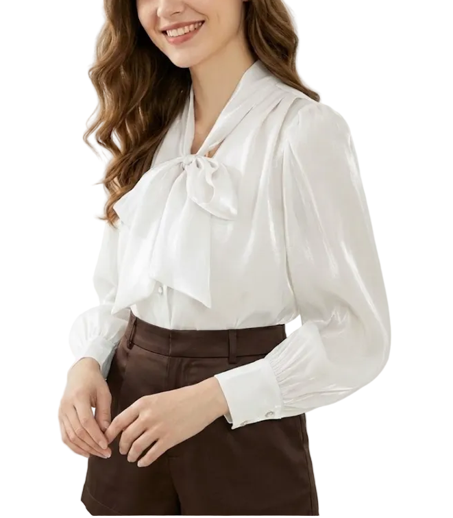 Trendy & Timeless Long Sleeve Elegant  Bow Neck Pleated Shoulders Dress Shirt for Women  - B13-TOP-09