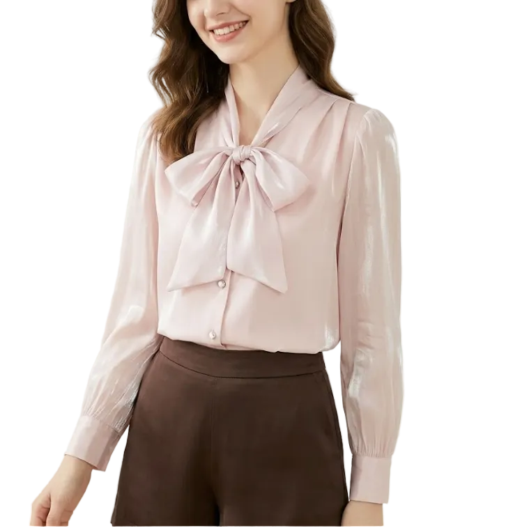 Trendy & Timeless Long Sleeve Elegant  Bow Neck Pleated Shoulders Dress Shirt for Women  - B13-TOP-09
