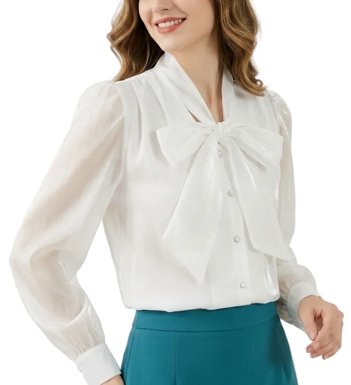 Trendy & Timeless Long Sleeve Elegant  Bow Neck Pleated Shoulders Dress Shirt for Women  - B13-TOP-09
