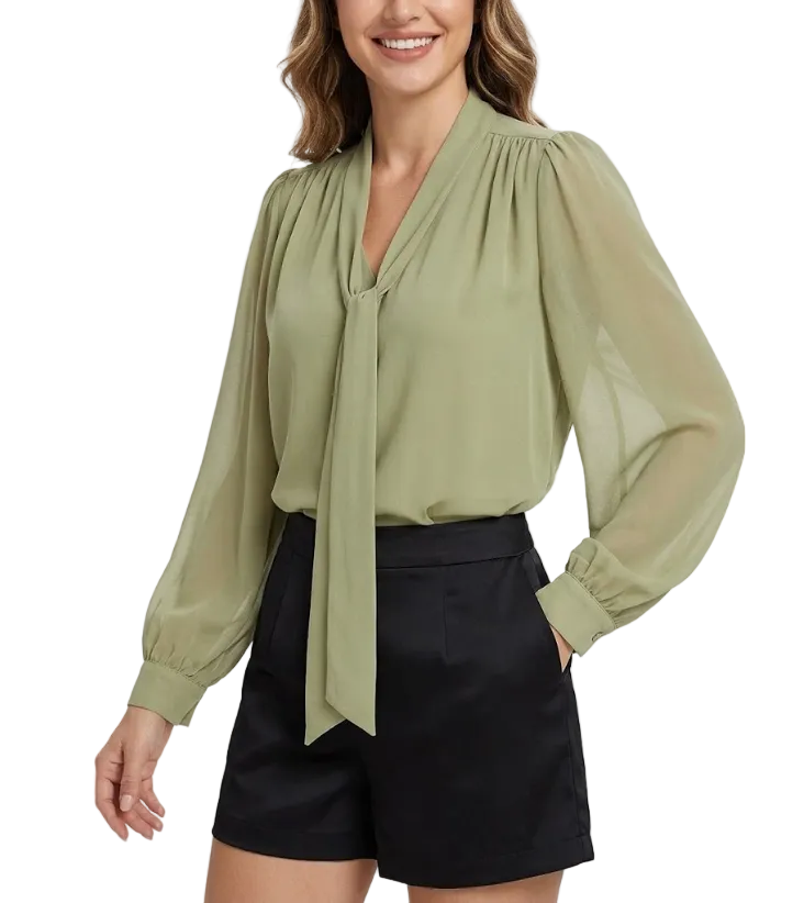 Trendy & Timeless Long Sleeve Elegant Bow V-neck Chiffon Top for Women  - B13-TOP- 26