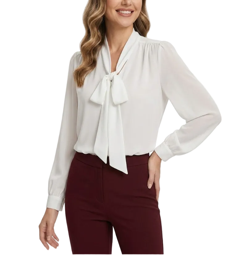 Trendy & Timeless Long Sleeve Elegant Bow V-neck Chiffon Top for Women  - B13-TOP- 26