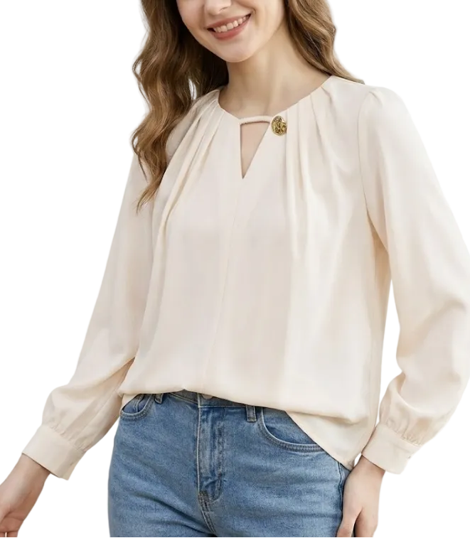 Trendy & Timeless Long Sleeve Elegant  Pleated Neck-line Pullover Blouse  - B13-TOP-07