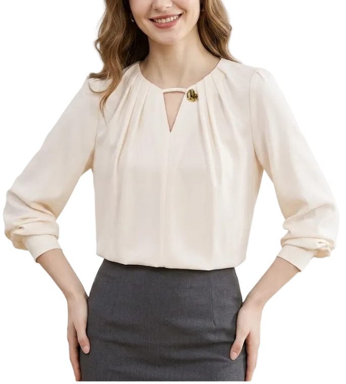 Trendy & Timeless Long Sleeve Elegant  Pleated Neck-line Pullover Blouse  - B13-TOP-07