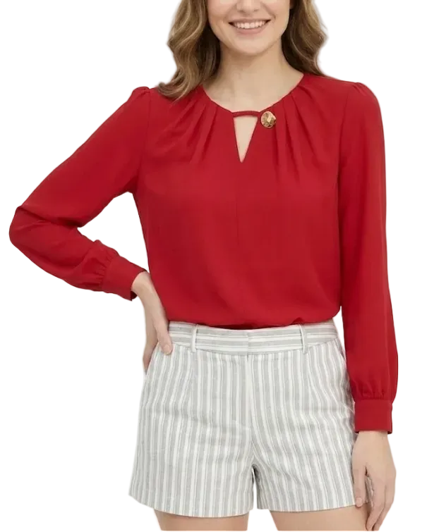 Trendy & Timeless Long Sleeve Elegant  Pleated Neck-line Pullover Blouse  - B13-TOP-07