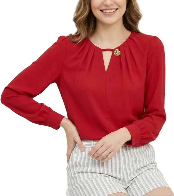 Trendy & Timeless Long Sleeve Elegant  Pleated Neck-line Pullover Blouse  - B13-TOP-07