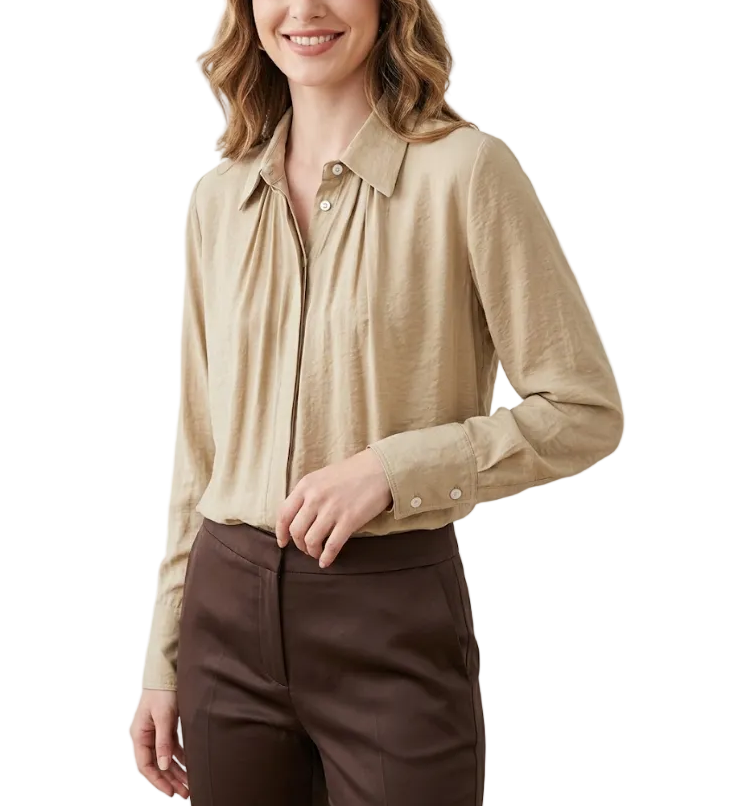 Trendy & Timeless Long Sleeve Pleated Button-up Collar Dress Shirts for Women - B15-TOP-24
