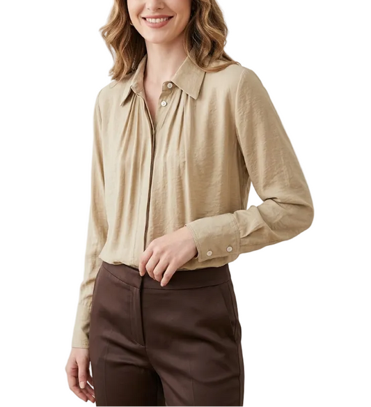 Trendy & Timeless Long Sleeve Pleated Button-up Collar Dress Shirts for Women - B15-TOP-24