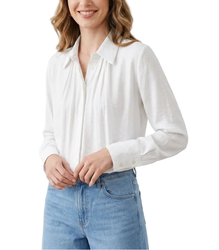 Trendy & Timeless Long Sleeve Pleated Button-up Collar Dress Shirts for Women - B15-TOP-24