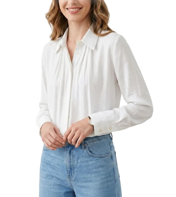 Trendy & Timeless Long Sleeve Pleated Button-up Collar Dress Shirts for Women - B15-TOP-24