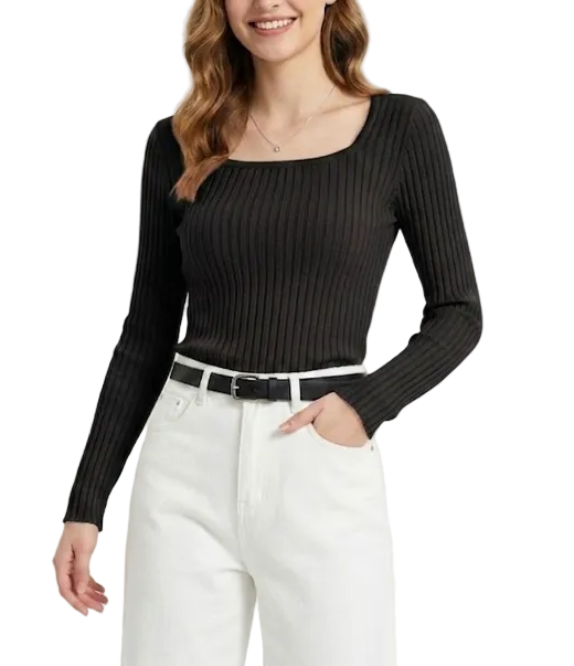 Trendy & Timeless Long Sleeve Square Neck Ribbed Elegant Blouses for Women - B1-TOP-V190