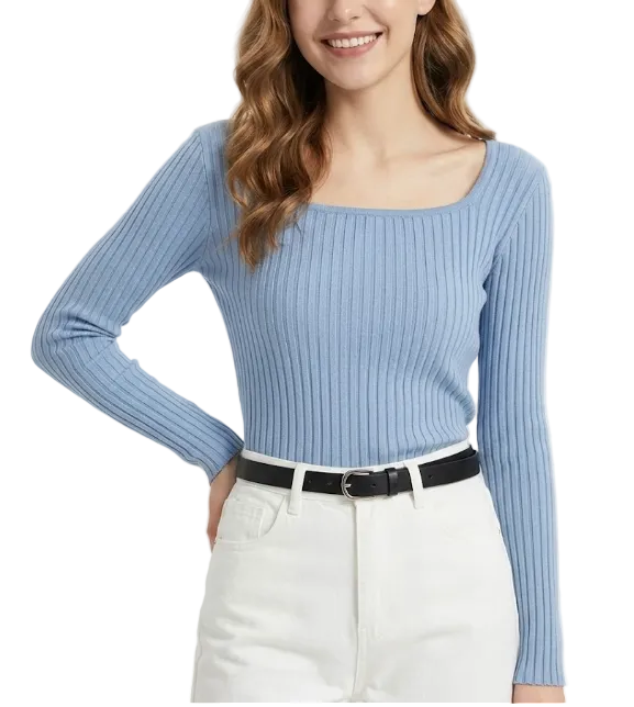 Trendy & Timeless Long Sleeve Square Neck Ribbed Elegant Blouses for Women - B1-TOP-V190