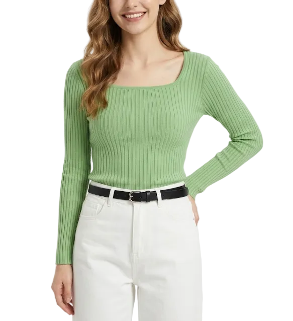 Trendy & Timeless Long Sleeve Square Neck Ribbed Elegant Blouses for Women - B1-TOP-V190