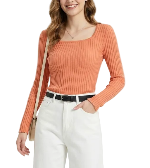 Trendy & Timeless Long Sleeve Square Neck Ribbed Elegant Blouses for Women - B1-TOP-V190