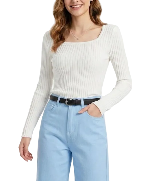 Trendy & Timeless Long Sleeve Square Neck Ribbed Elegant Blouses for Women - B1-TOP-V190