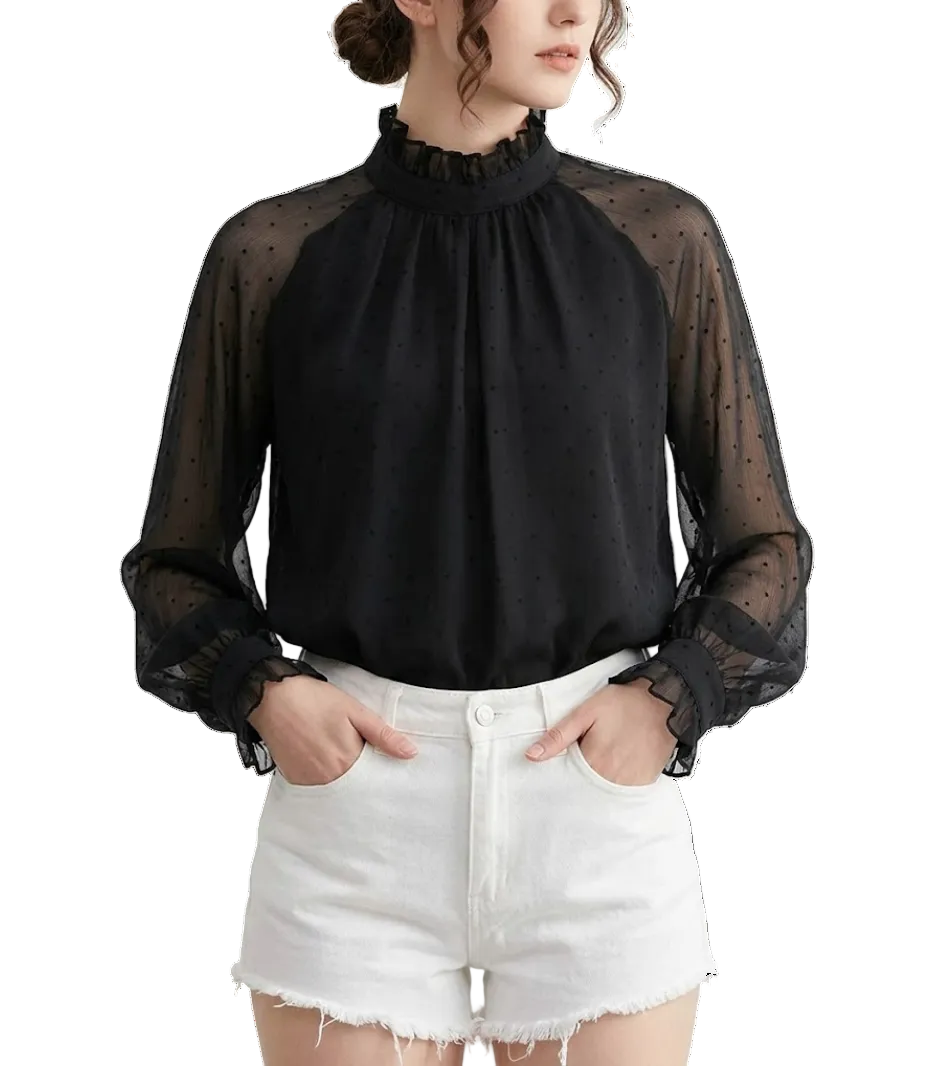 Trendy & Timeless Long Sleeve Stand Collar Black Polka Dots Mesh Chiffon Blouses - SM8-TOP-54