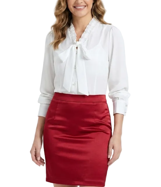 Trendy & Timeless Long Sleeve V-Bow-Neck Button-up Blouses for Women - B15-TOP-32