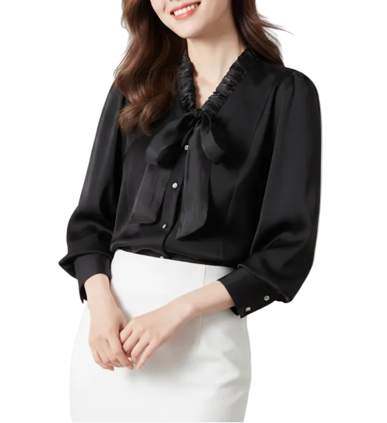 Trendy & Timeless Long Sleeve V-Bow-Neck Button-up Blouses for Women - B15-TOP-32