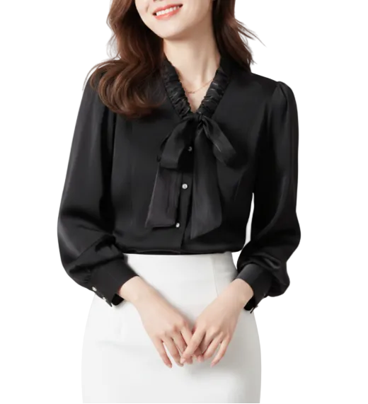 Trendy & Timeless Long Sleeve V-Bow-Neck Button-up Blouses for Women - B15-TOP-32
