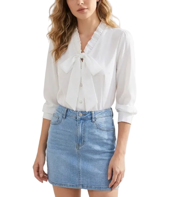 Trendy & Timeless Long Sleeve V-Bow-Neck Button-up Blouses for Women - B15-TOP-32