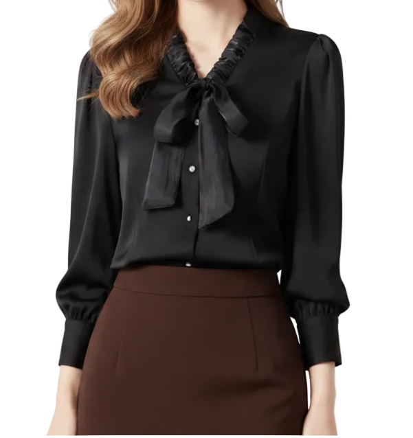 Trendy & Timeless Long Sleeve V-Bow-Neck Button-up Blouses for Women - B15-TOP-32