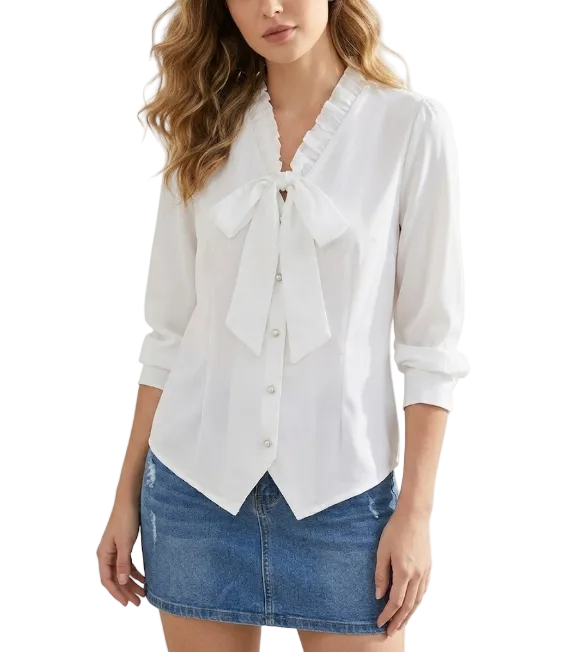 Trendy & Timeless Long Sleeve V-Bow-Neck Button-up Blouses for Women - B15-TOP-32