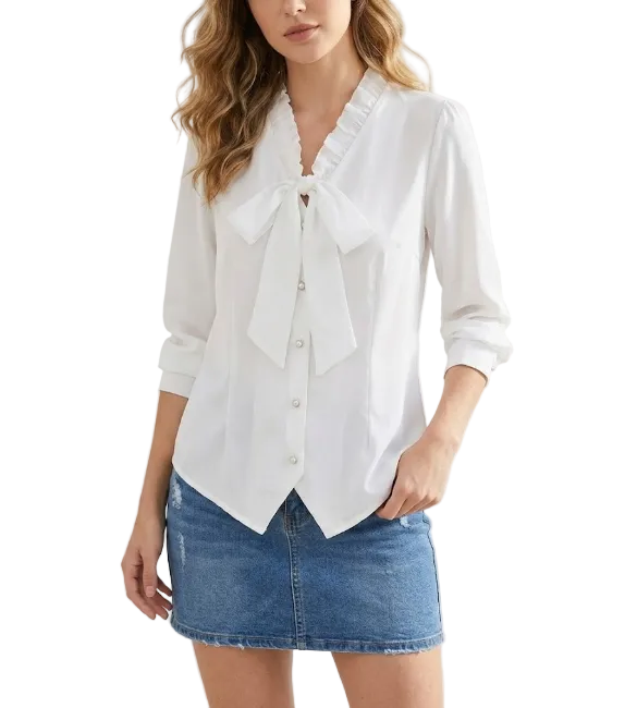 Trendy & Timeless Long Sleeve V-Bow-Neck Button-up Blouses for Women - B15-TOP-32