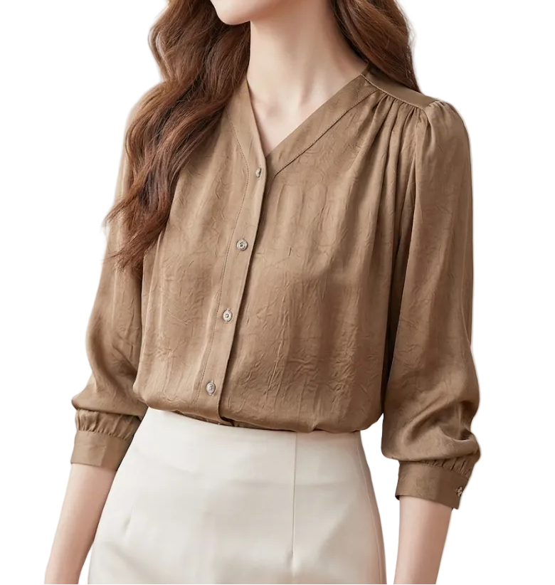 Trendy & Timeless Long Sleeve V-neck Pleated Blouses for Women - B15-TOP-66