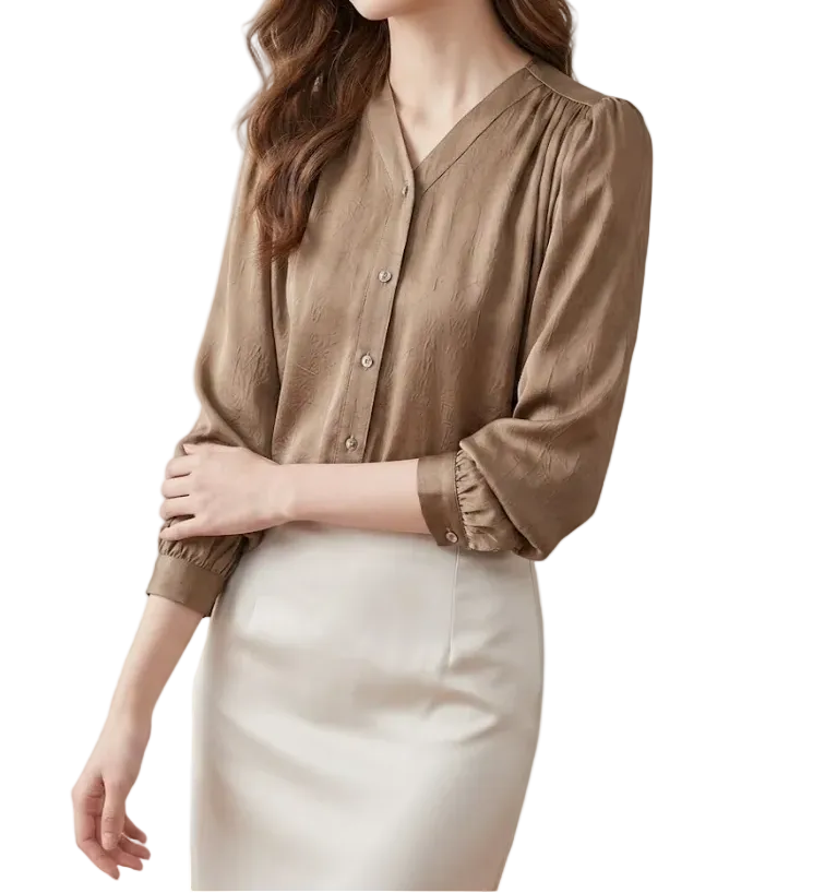 Trendy & Timeless Long Sleeve V-neck Pleated Blouses for Women - B15-TOP-66
