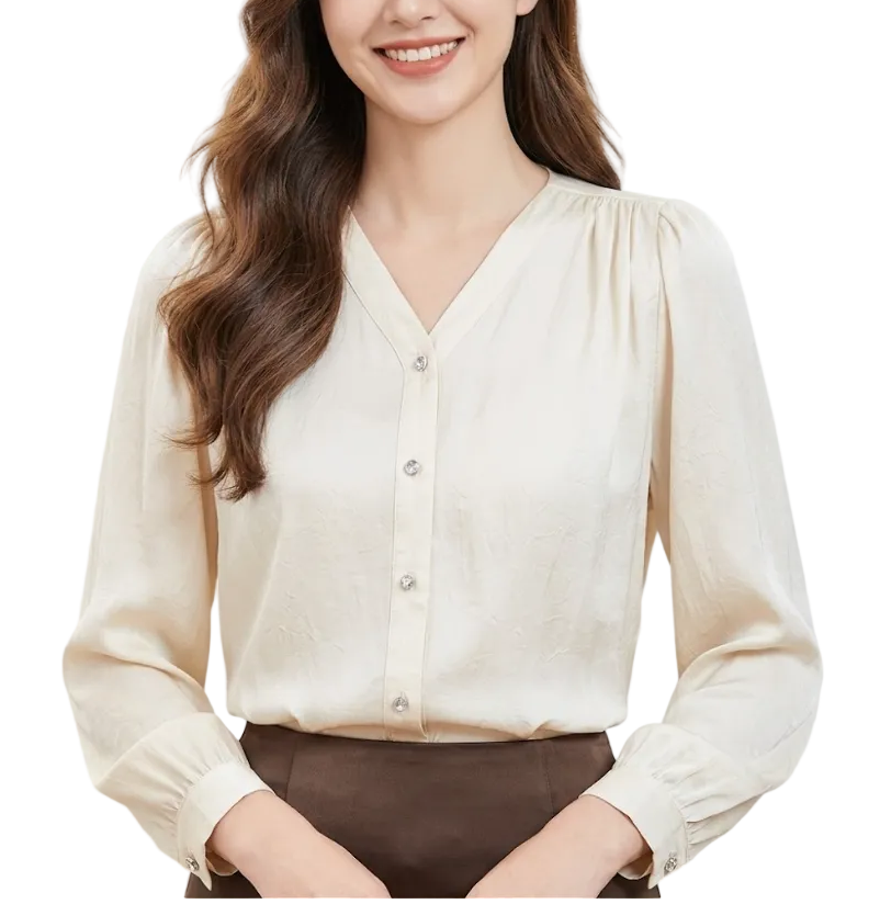 Trendy & Timeless Long Sleeve V-neck Pleated Blouses for Women - B15-TOP-66