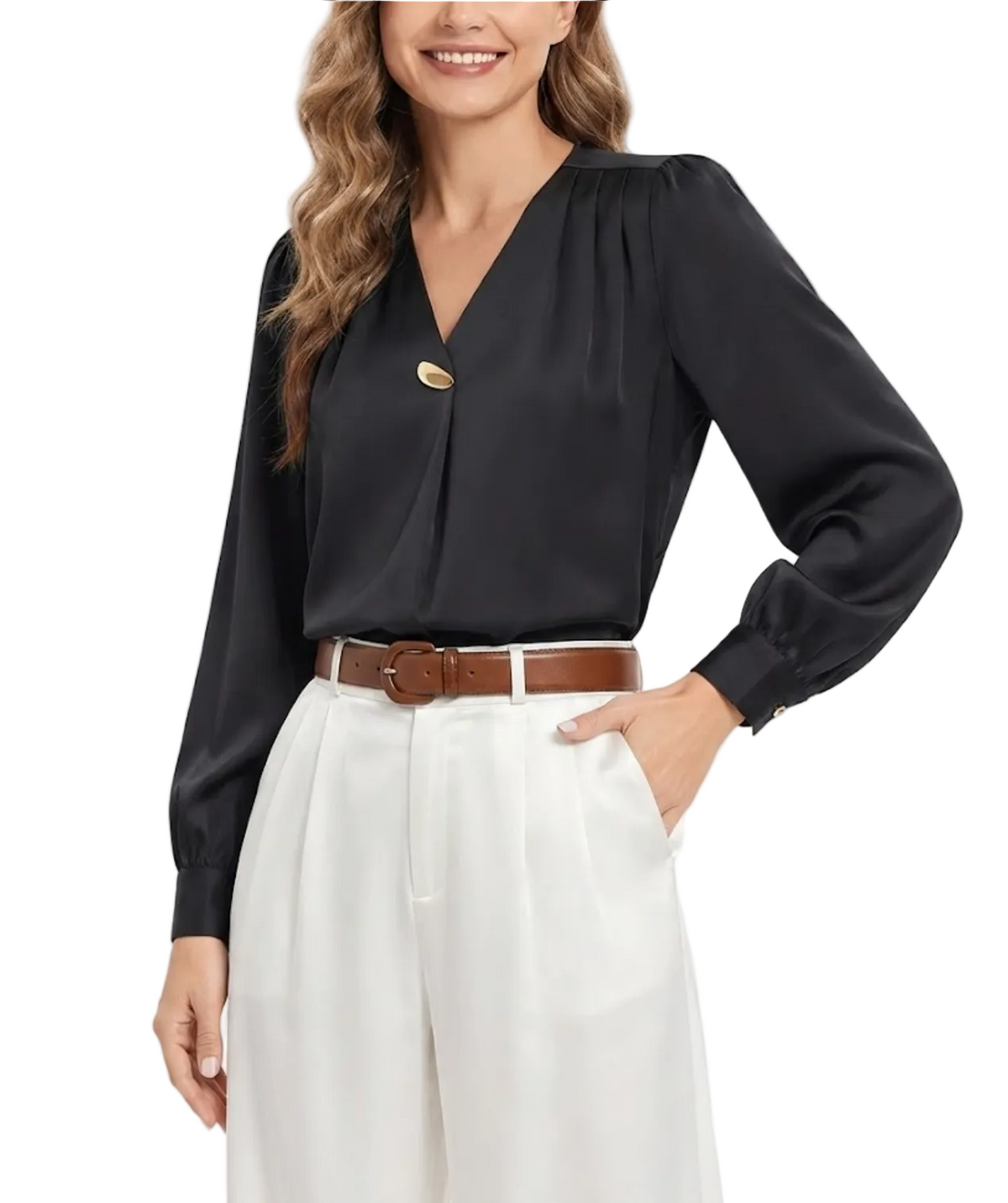 Trendy & Timeless Long Sleeve V-neck Pleated Pullover Blouses for Women - B15-TOP-64