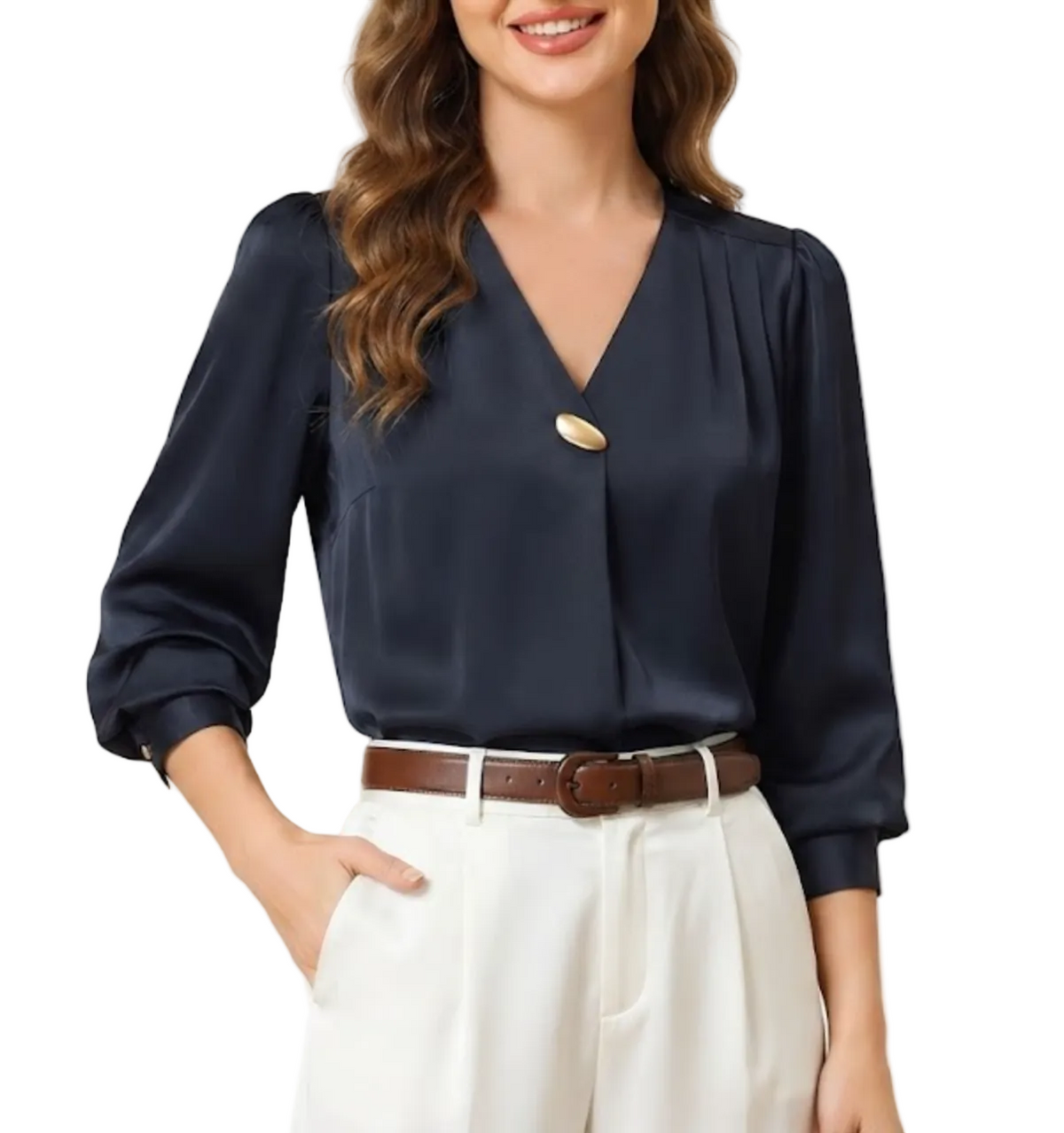 Trendy & Timeless Long Sleeve V-neck Pleated Pullover Blouses for Women - B15-TOP-64