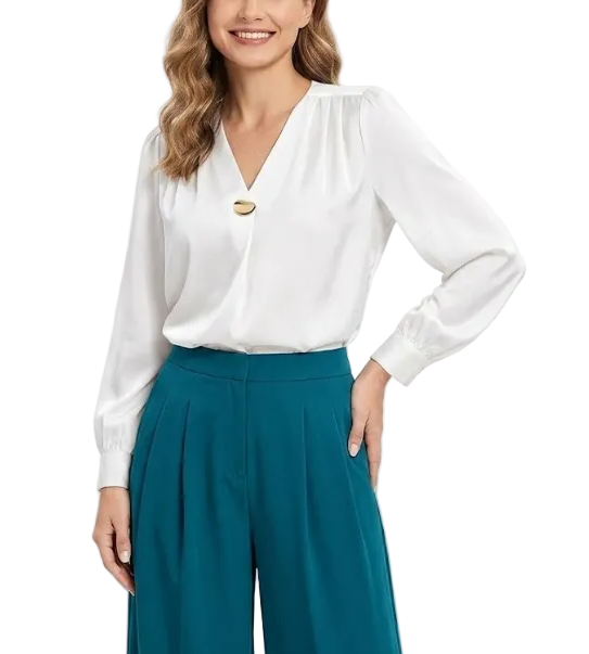 Trendy & Timeless Long Sleeve V-neck Pleated Pullover Blouses for Women - B15-TOP-64