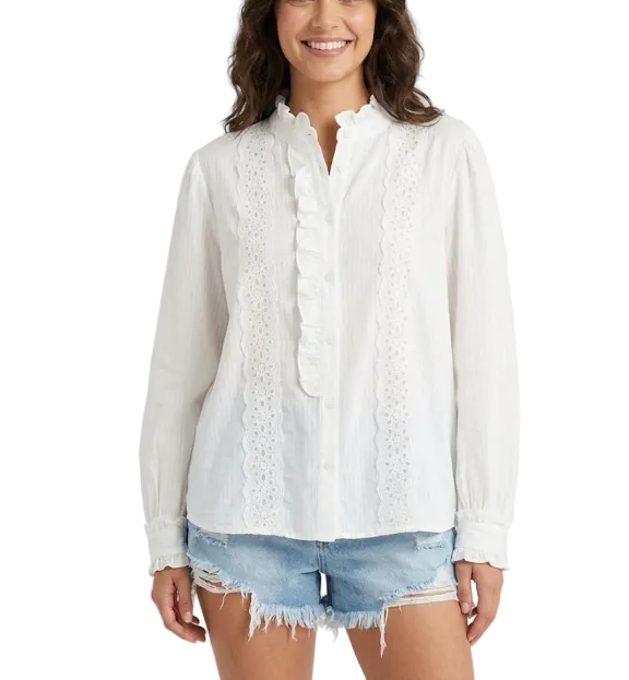 Trendy & Timeless Self-Stripped Long Sleeve Ruffled  Laced  Blouses for Women - B6-TOP-B816