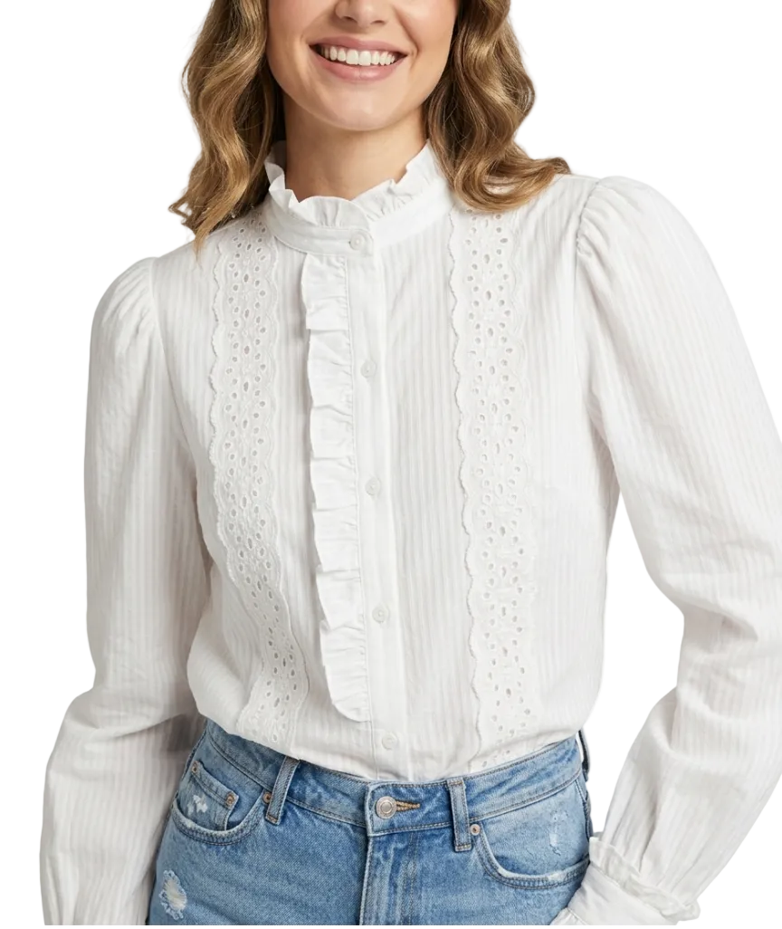 Trendy & Timeless Self-Stripped Long Sleeve Ruffled  Laced  Blouses for Women - B6-TOP-B816