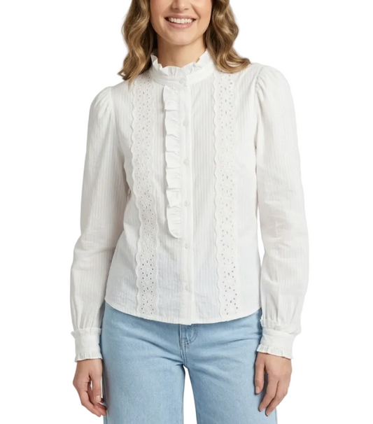 Trendy & Timeless Self-Stripped Long Sleeve Ruffled  Laced  Blouses for Women - B6-TOP-B816