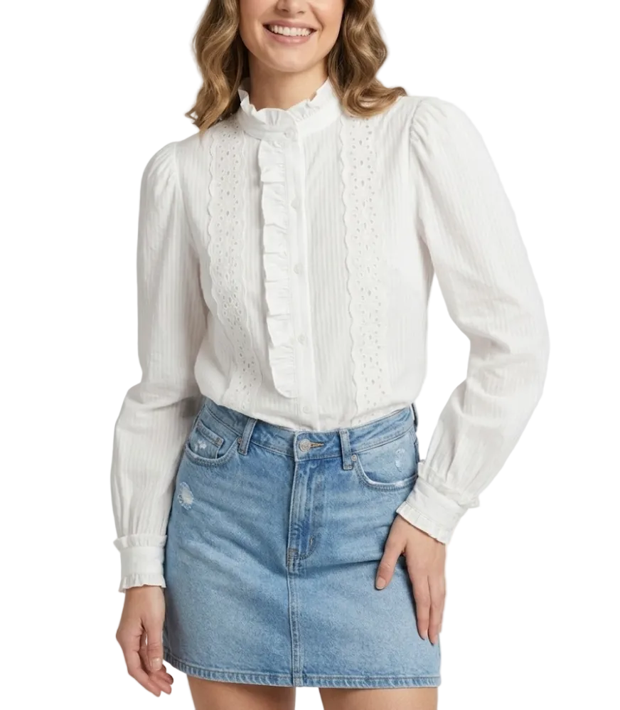 Trendy & Timeless Self-Stripped Long Sleeve Ruffled  Laced  Blouses for Women - B6-TOP-B816