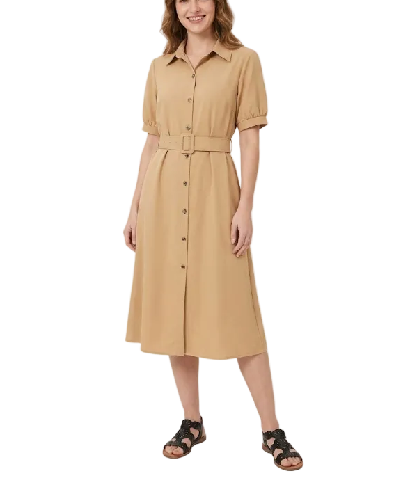 Trendy & Timeless Short Puff Sleeve Button Front Waist Belt Long Dresses - B6-DRESS-68