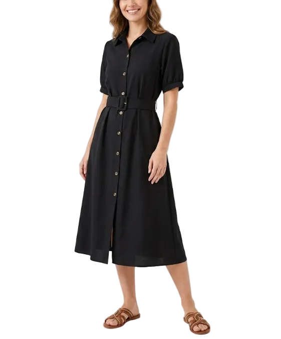 Trendy & Timeless Short Puff Sleeve Button Front Waist Belt Long Dresses - B6-DRESS-68
