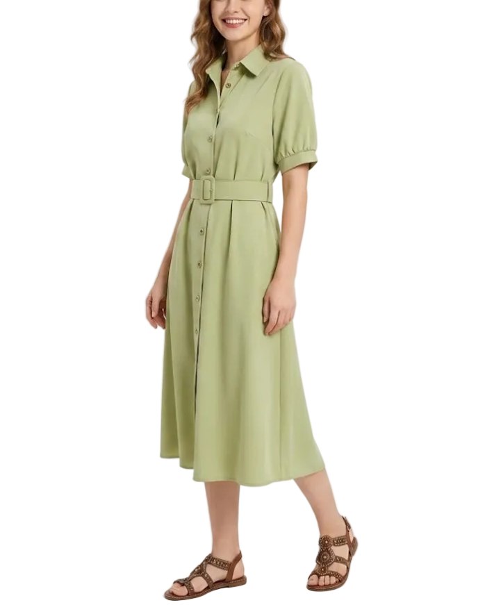 Trendy & Timeless Short Puff Sleeve Button Front Waist Belt Long Dresses - B6-DRESS-68