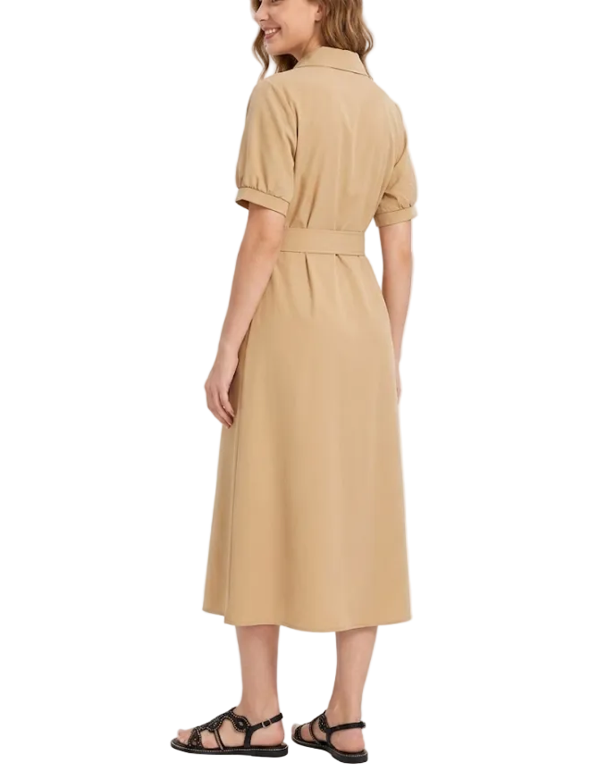 Trendy & Timeless Short Puff Sleeve Button Front Waist Belt Long Dresses - B6-DRESS-68